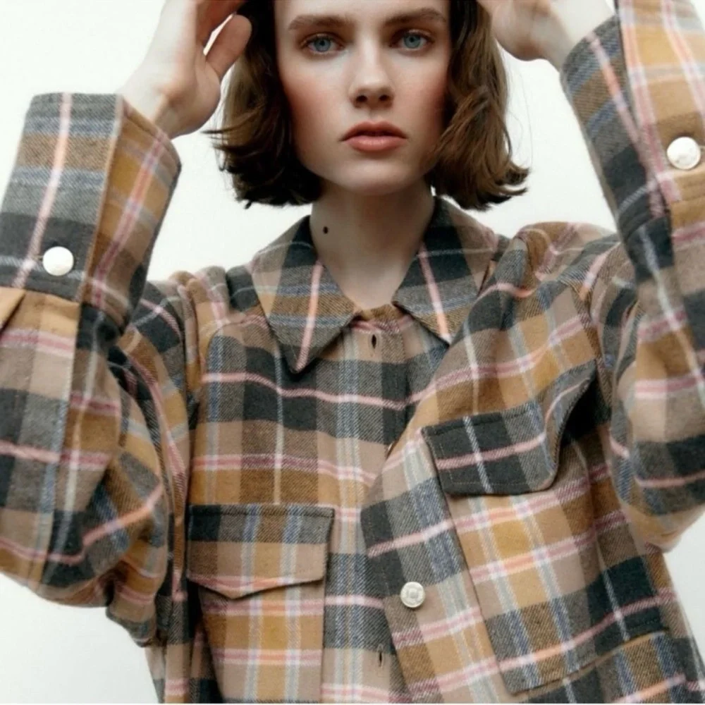 Zara Oversized Plaid Shacket Overshirt Flannel Jacket Tan Pink Navy - Picture 2 of 8
